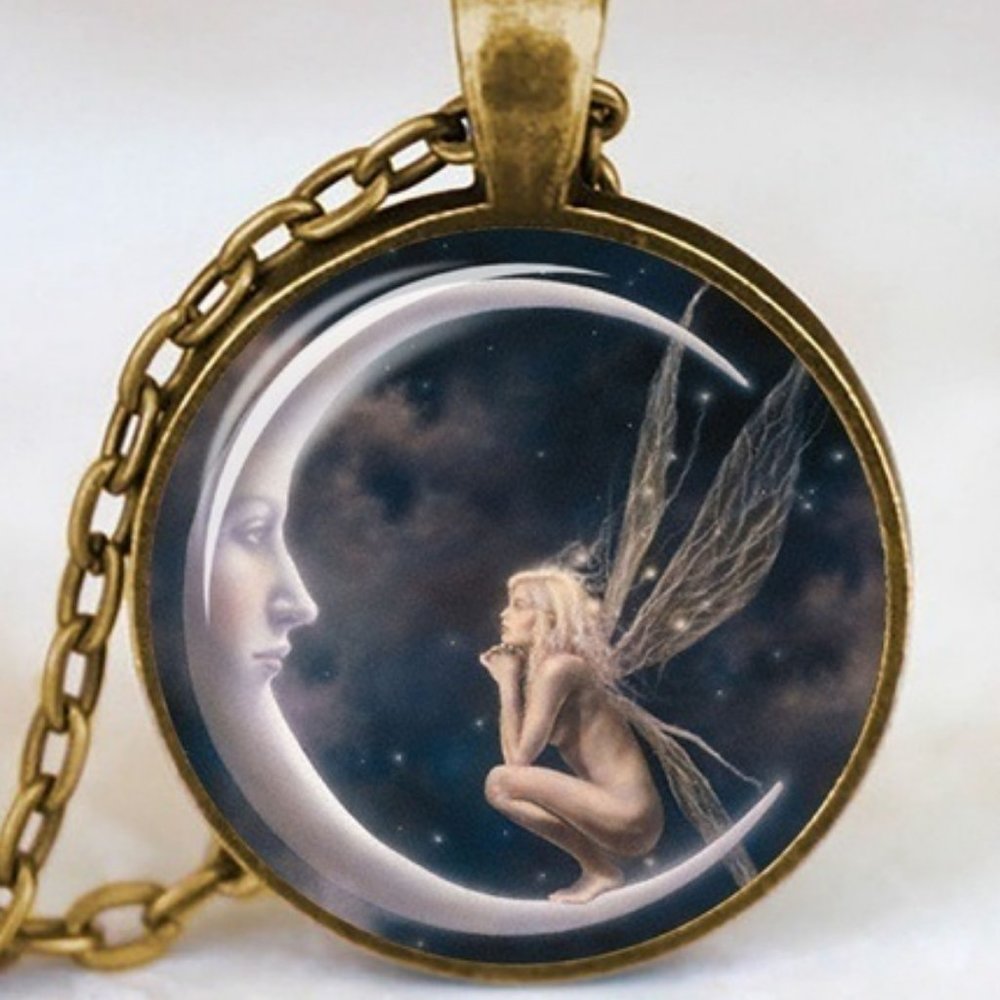 fairy on moon necklace, copper colour NWOT longer chain